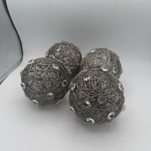 4 Pier 1 One Wrapped Silver Color Metal Wire Orbs Spheres w/ Acrylic Gems 6”